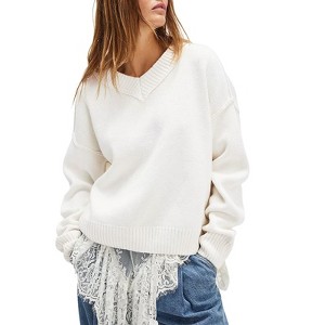 Coolmee Women Casual Long Sleeve Sweaters Oversized V Neck Ribbed Knit Pullover Sweaters Fall Fashion Tops - 1 of 4