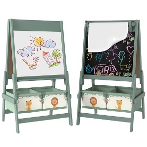 Qaba Kids Easel, 3-in-1 Double-Sided Art Easel with Paper Roll, Whiteboard & Chalkboard, Storage Baskets for Toddlers Ages 3-8, Green - 1 of 4