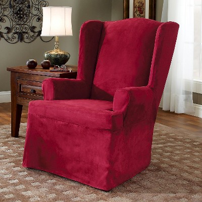 Soft Suede Wing Chair Slipcover Burgundy - Sure Fit, Red