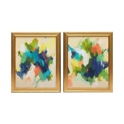 Gallery 57 (Set of 2) 16"x20" Colorful Abstracts Vintage Framed Canvas Wall Arts: Transitional Modern Decor, Gold Frame, Sawtooth Back Mount