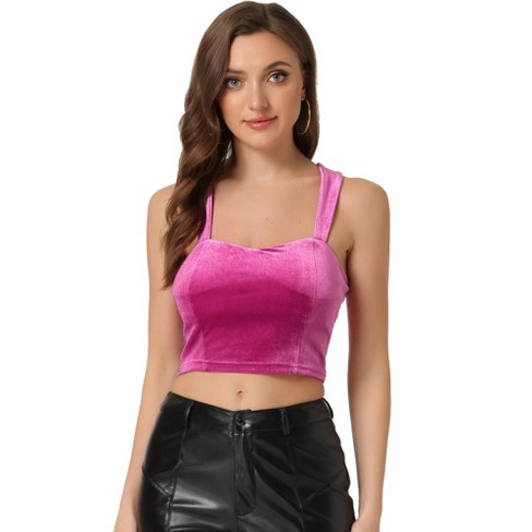 Allegra K Women's Thick Strap Sweetheart Neck Sleeveless Velvet Crop Cami  Tank Top Hot Pink Large