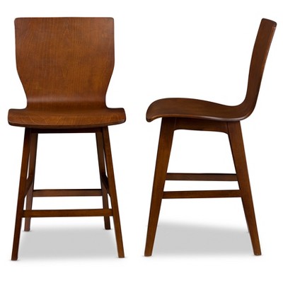 Set of 2 Elsa Mid - Century Modern Scandinavian Style Bent Wood Counter Height Barstool - "Walnut" Dark Brown - Baxton Studio