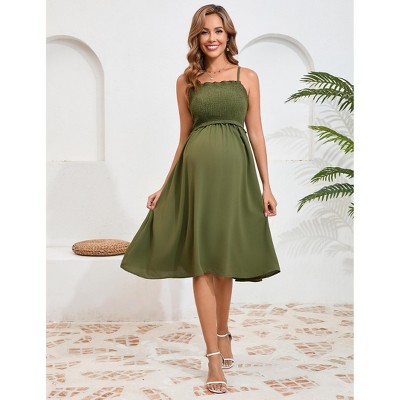 Maternity Summer Dress Sleeveless Smocked Square Neck Adjustable Spaghetti Strap Midi Dress Photoshoot