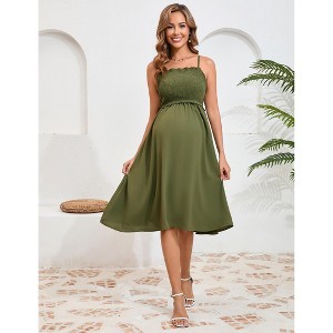Maternity Summer Dress Sleeveless Smocked Square Neck Adjustable Spaghetti Strap Midi Dress Photoshoot - 1 of 4
