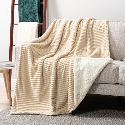 Cream Beige Reversible Sherpa Fleece Throw Blanket