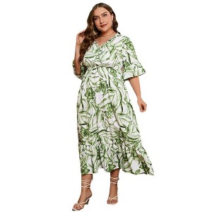YESFASHION Women's Plus-Size Summer Dresses Floral Short Sleeve Long High Waist A-Line Pleated Layers Dress - 1 of 4