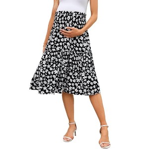 Women's High Elastic Empire Waist Maternity Skirt Summer Casual Floral Pleated Swing A Line Flowy Midi Skirts with Pockets - 1 of 4