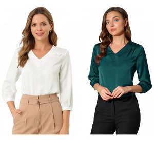 INSPIRE CHIC Women's V Neck 3/4 Sleeve Casual Office Work Satin Blouses 2 Packs - 1 of 4