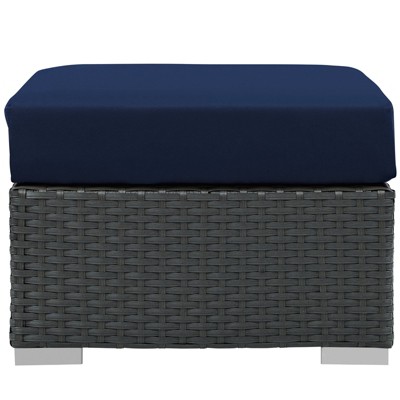 Navy Square Sunbrella Fabric Outdoor Ottoman with Synthetic Rattan