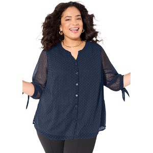 Catherines Women's Plus Size Petite Swiss Dot Tie Sleeve Blouse - 1 of 2