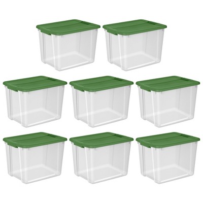 Sterilite 12 Gal Latching Lid Holiday Storage Tote Stackable Home Organizer Bin with Lid for Decorations, Seasonal Items Clear with Green Lid
