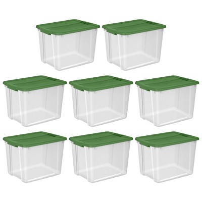 Sterilite 12 Gal Latching Lid Holiday Storage Tote Stackable Home Organizer  Bin with Lid for Decorations, Seasonal Items Clear with Green Lid, 4-Pack