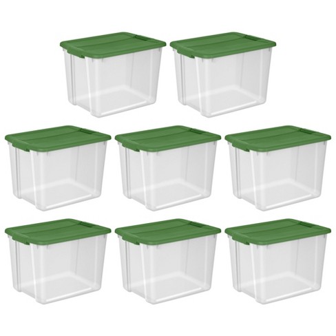 Sterilite 12 Gal Latching Lid Holiday Storage Tote Stackable Home Organizer  Bin with Lid for Decorations, Seasonal Items Clear with Green Lid, 4-Pack