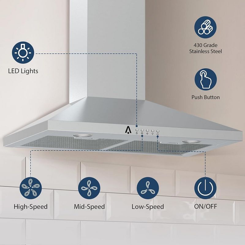 Range Hoods 30 Inch, Ductless/Ducted Convertible Wall Mount Kitchen Vent Hood with Chimney, 3 of 8