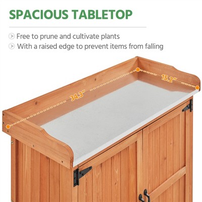 Brown Fir Wood Garden Potting Bench with Metal Tabletop