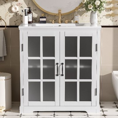 NicBex Modern Freestanding Vanity Cabinet with Tempered Blurred Glass Doors, Industrial Bathroom Vanity with Ceramic  Sink & Matte Black Hardware