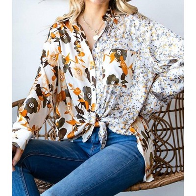 Women's Floral Block Button Down Satin Shirt - First Love