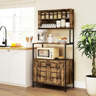 PDTEND Wood Grain Kitchen Baker’s Rack with Power Outlet, Storage Shelves, Microwave Stand & Louvred Cabinets