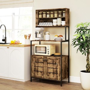 PDTEND Wood Grain Kitchen Baker’s Rack with Power Outlet, Storage Shelves, Microwave Stand & Louvred Cabinets - 1 of 4