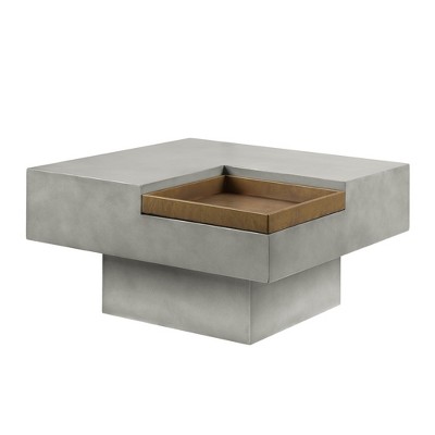 HomeRoots 32" Gray Cement Square Distressed Pedestal Coffee Table