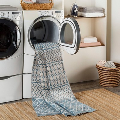 Blue Geometric Washable Round Synthetic Rug