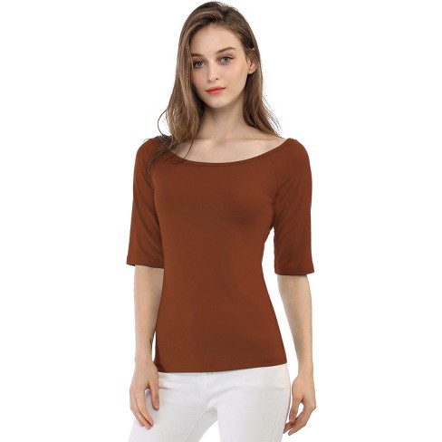 Allegra K Women's Half Sleeves Scoop Neck Fitted Layering Soft T-Shirt  Brown X-Large