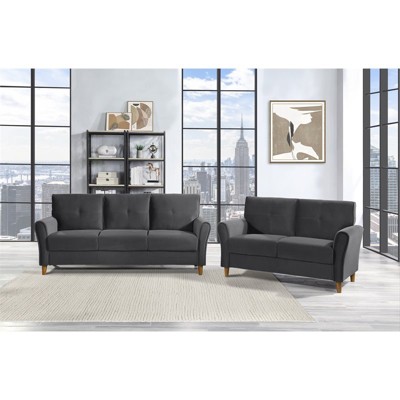 Gray Velvet Tufted Sofa with Walnut Wood Legs