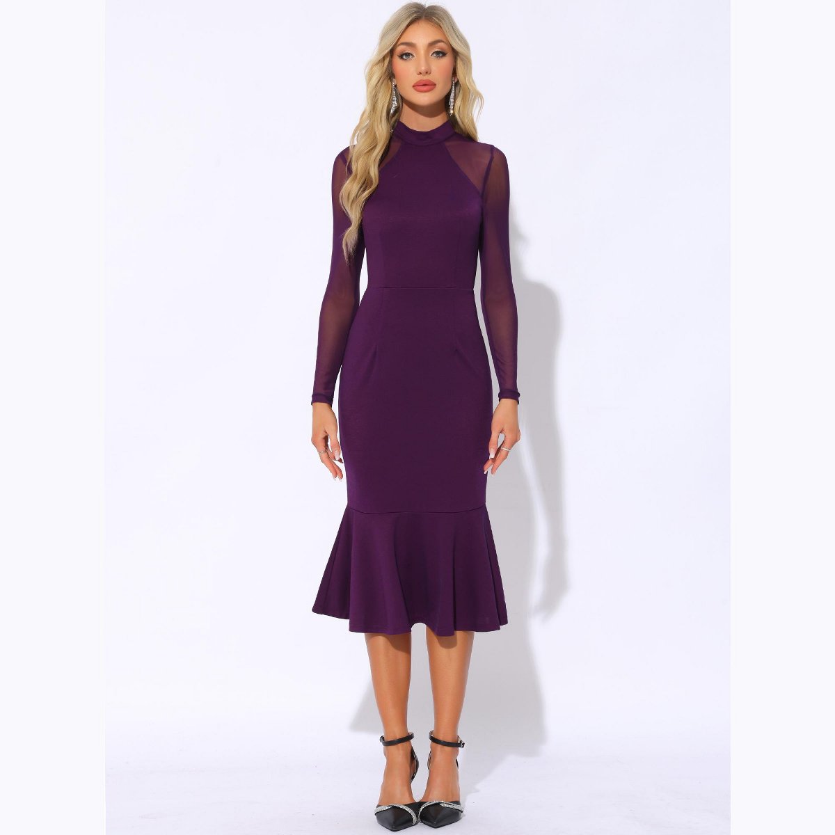 Женские платья INSPIRE CHIC Women's Elegant Mesh Sheer Long Sleeve Mermaid Wedding Guest Dress Dark Purple Medium — фото 3