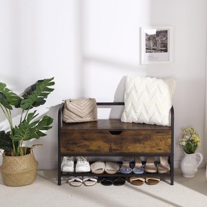 Lift Top Shoe Storage Bench with Armrests, Metal and Wood Entryway Shoe Rack Organizer with Seating for Hallway or Bedroom - 1 of 4