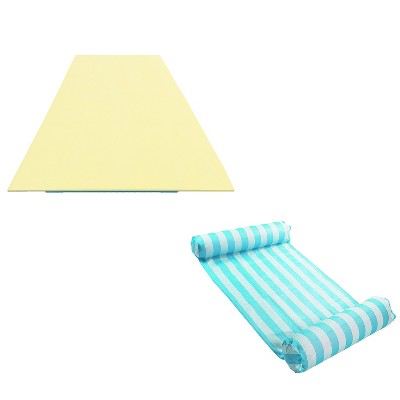 Comfy Floats 12 Foot by 6 Foot Water Pad Pool Lake Float, Blue and Yellow & Comfy Floats Inflatable Striped Hammock Pool Float, Teal