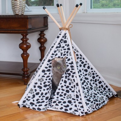 White and Black Paw Print Canvas Teepee Cat Bed