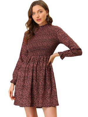 Allegra K Women's Ruffle Neck Long Sleeve A-Line Smocked Floral Dresses