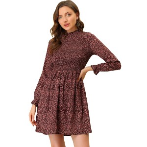 Allegra K Women's Ruffle Neck Long Sleeve A-Line Smocked Floral Dresses - 1 of 4