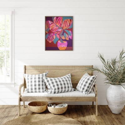 Pink and Orange Abstract Floral Beaded Framed Canvas Art