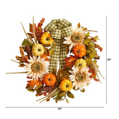 24" Green and Orange Fall Sunflower Pumpkin Artificial Wreath