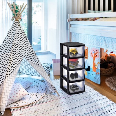 Clear Plastic 4-Drawer Storage Tower with Black Frame