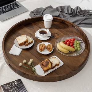 KINWELL Round Black Walnut Wood Serving Tray Ottoman Tray with Handles - 1 of 4