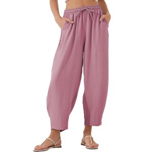 Women's Summer High Waisted Baggy Drawstring Pants Casual Ankle Length Trouser Slacks with Pockets - 1 of 4