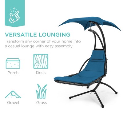Peacock Blue Hanging Curved Chaise Lounge Chair with Canopy