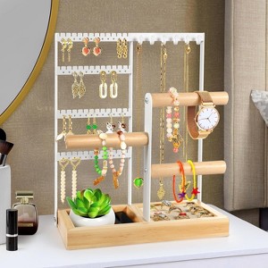 4-Tier Jewelry Organizer with 48 Earring Holes & 6 Hooks, Wooden Display Stand with Storage Box for Bracelets & Rings, White - 1 of 4