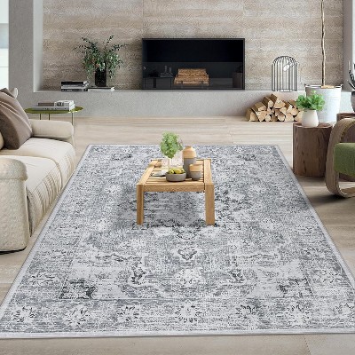 Acekool 5x7 Washable Area Rug - Boho Vintage Distressed Design, Stain Resistant Low Pile Rug for Living Room, Bedroom, Office, Grey