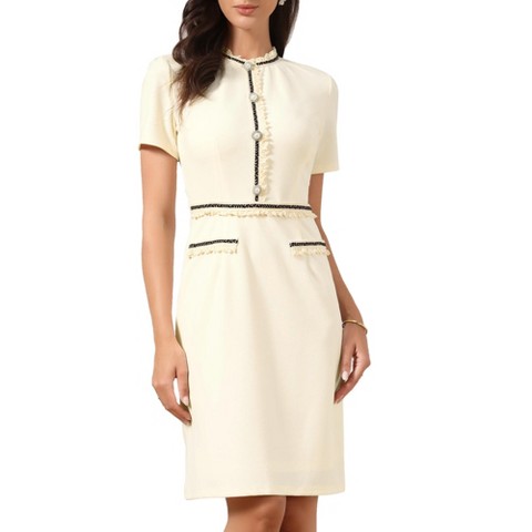 Женские платья INSPIRE CHIC Women's Short Sleeve Crew Neck Pearls Decro Business Work Sheath Midi Dresses Small White