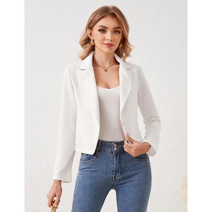 Women's Open Front Button Blazer Lapel Neck Long Sleeve Business Casual Cropped Jacket Blazer - 1 of 4