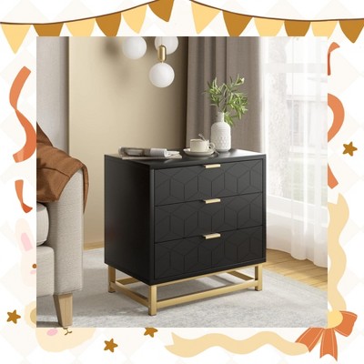 Garvee Sleek Black 3-Drawer Dresser with Gold Accents – Modern Storage Chest with Metal Legs for Bedroom, Living Room, and Hallway
