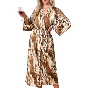 INSPIRE CHIC Women's Satin Leopard Silky Long Sleeves Cover Up Loose Bridal Party Long Bathrobes with Belt - 1 of 4