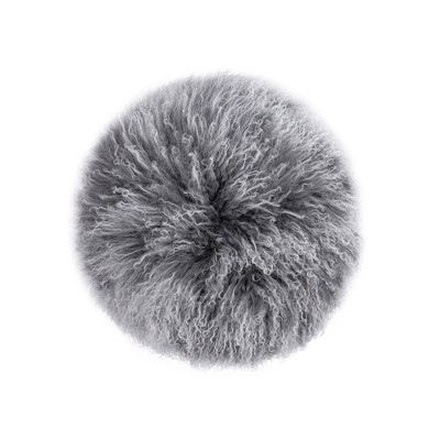 Dimensional Gray Mongolian Sheepskin Round Ottoman with Black Metal Legs