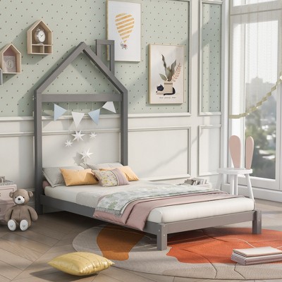 Wood Platform Bed with House-Shaped Headboard - ModernLuxe