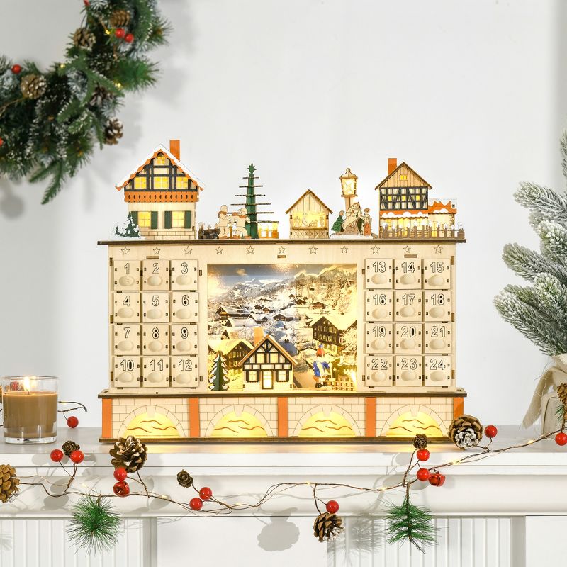 HOMCOM Christmas Advent Calendar, Light Up Table Xmas Wooden Store Holiday Decoration with Countdown Drawer, Village, for Kids and Adults, Natural, 5 of 7