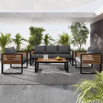 4pc Outdoor Patio Sectional Sofa Set, Metal Wood Conversation Set With Removable Cushion 4A, Gray -ModernLuxe
