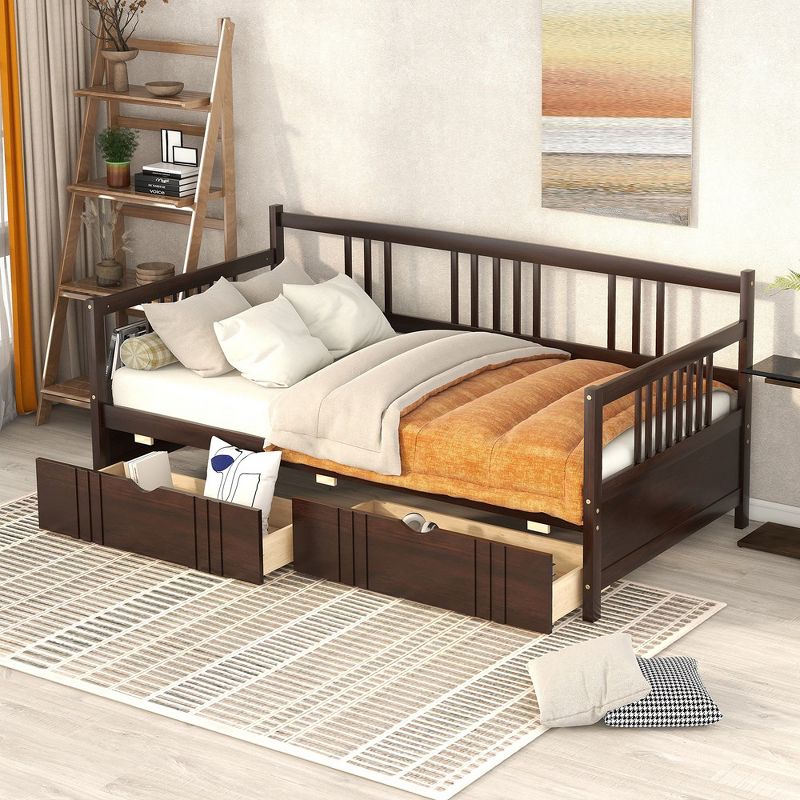 Twin Size Daybed Frame With 2 Drawers And 3 Side Guardrail, Wooden Slats Support, No Box Spring Needed, Daybed Bed Frame, 1 of 8